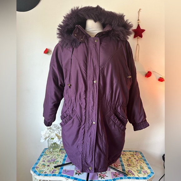 Vintage Women's Sequence Purple Faux Fur Hooded Jacket Coat L XL - Picture 1 of 9